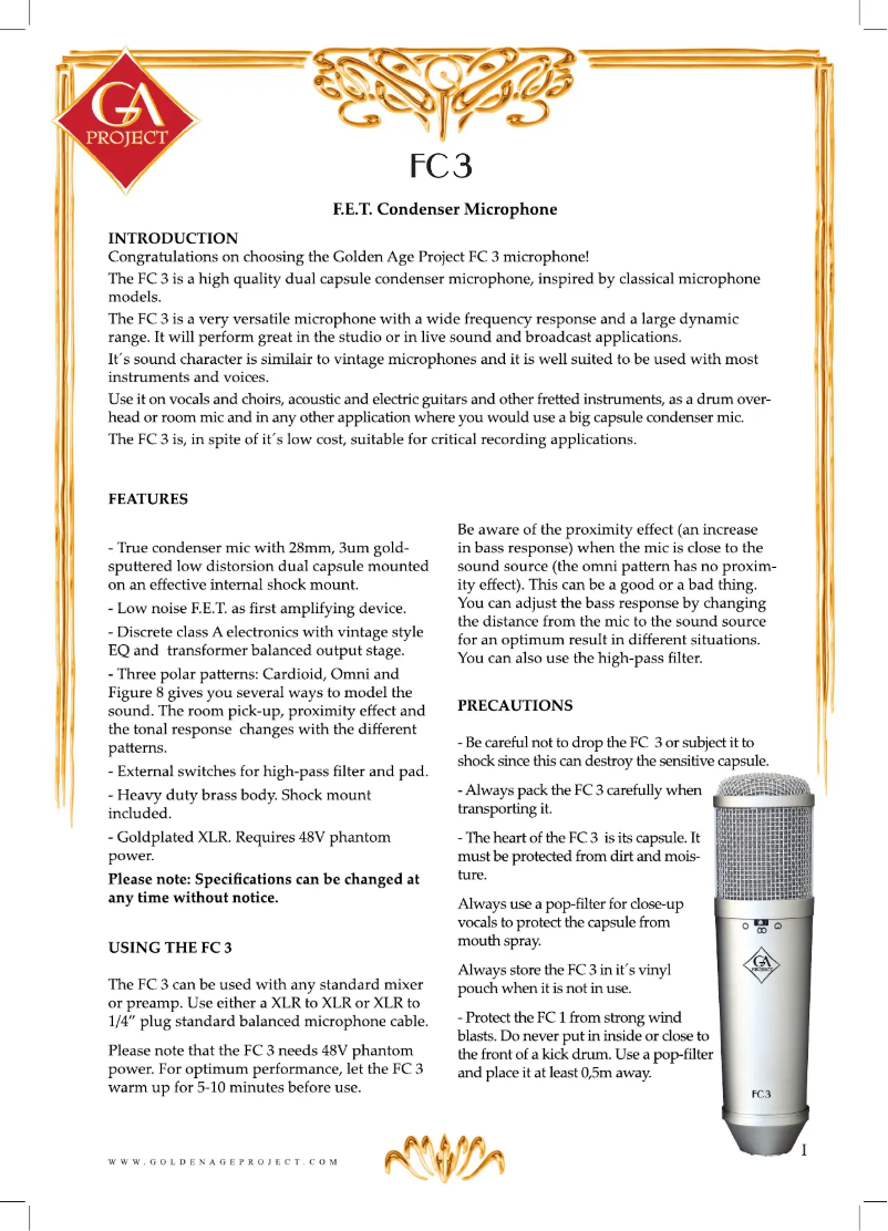 Page 1 de la notice Manuel utilisateur Golden Age Project FC 3