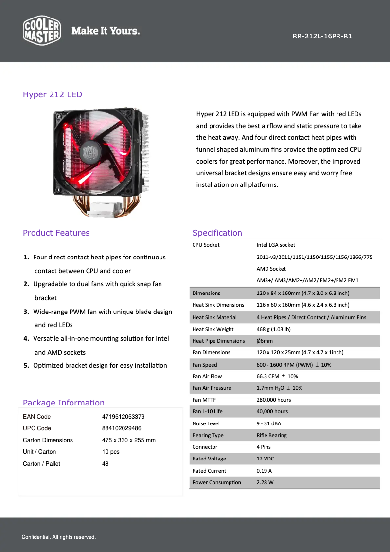 Page 1 de la notice Fiche technique Cooler Master Hyper 212 LED