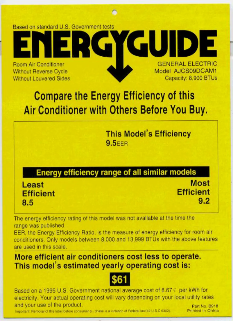 Page n°1 - Label énergétique GE AJCS09DC