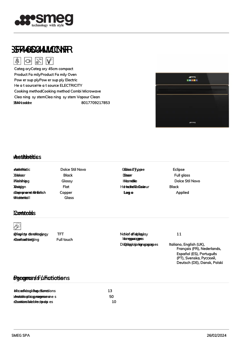Page n°1 - Fiche technique Smeg SF4604MCNR