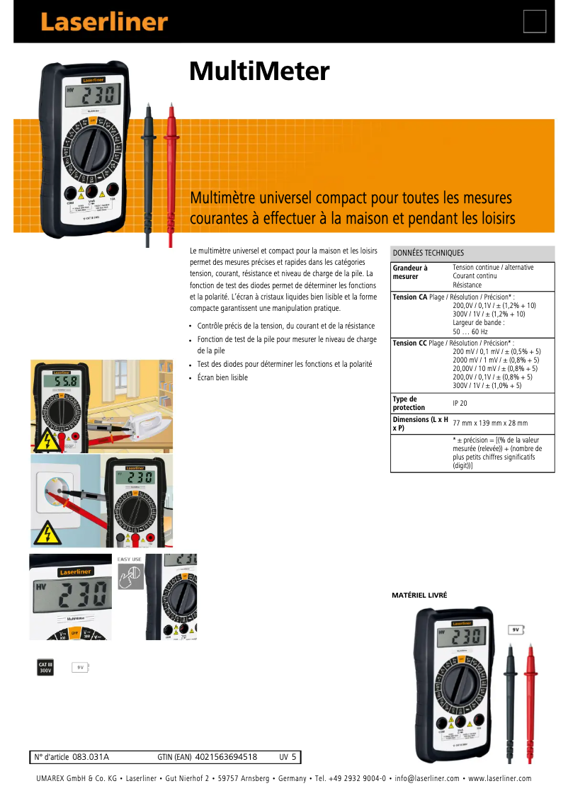 Page 1 de la notice Fiche technique Laserliner MultiMeter