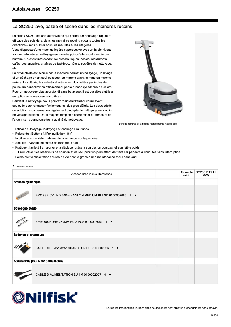 Page 1 de la notice Fiche technique Nilfisk SC250