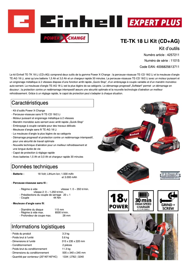 Page 1 de la notice Fiche technique Einhell TE-TK 18 Li