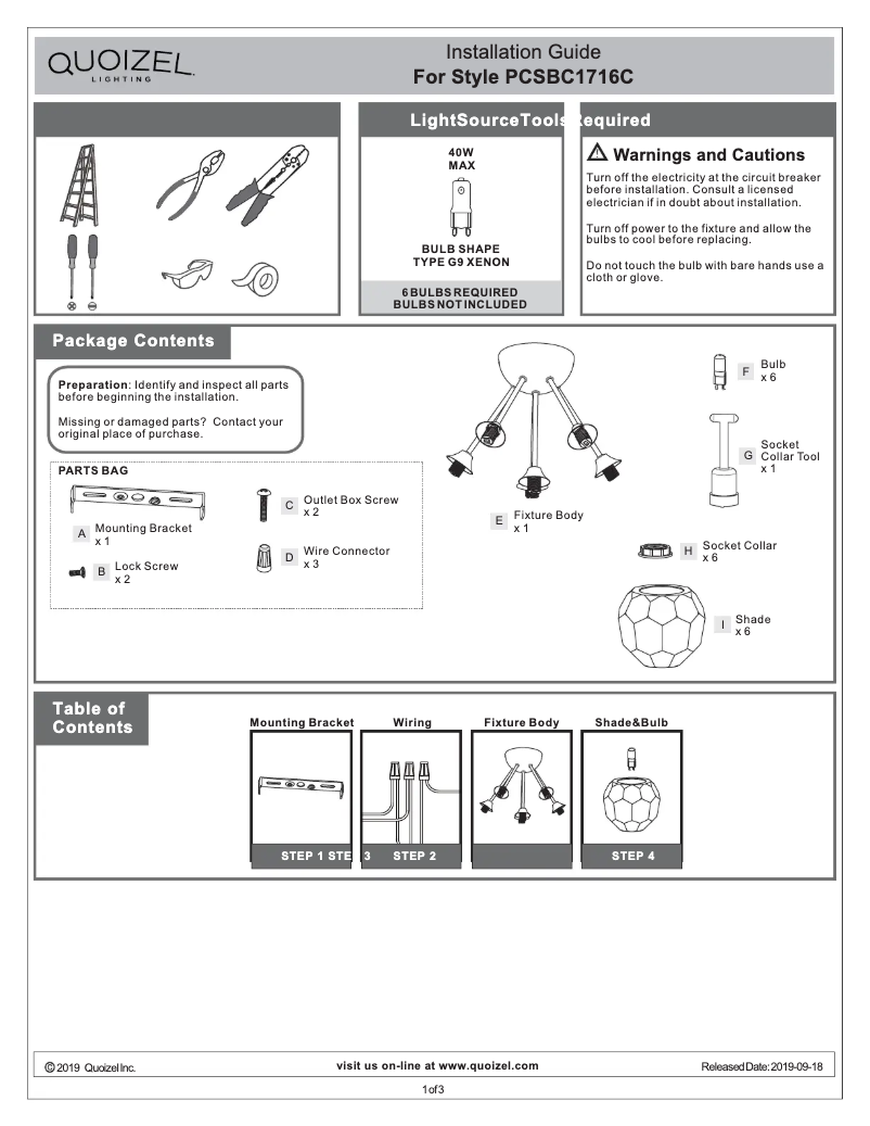 Page 1 de la notice Manuel utilisateur Quoizel PCSBC1716C