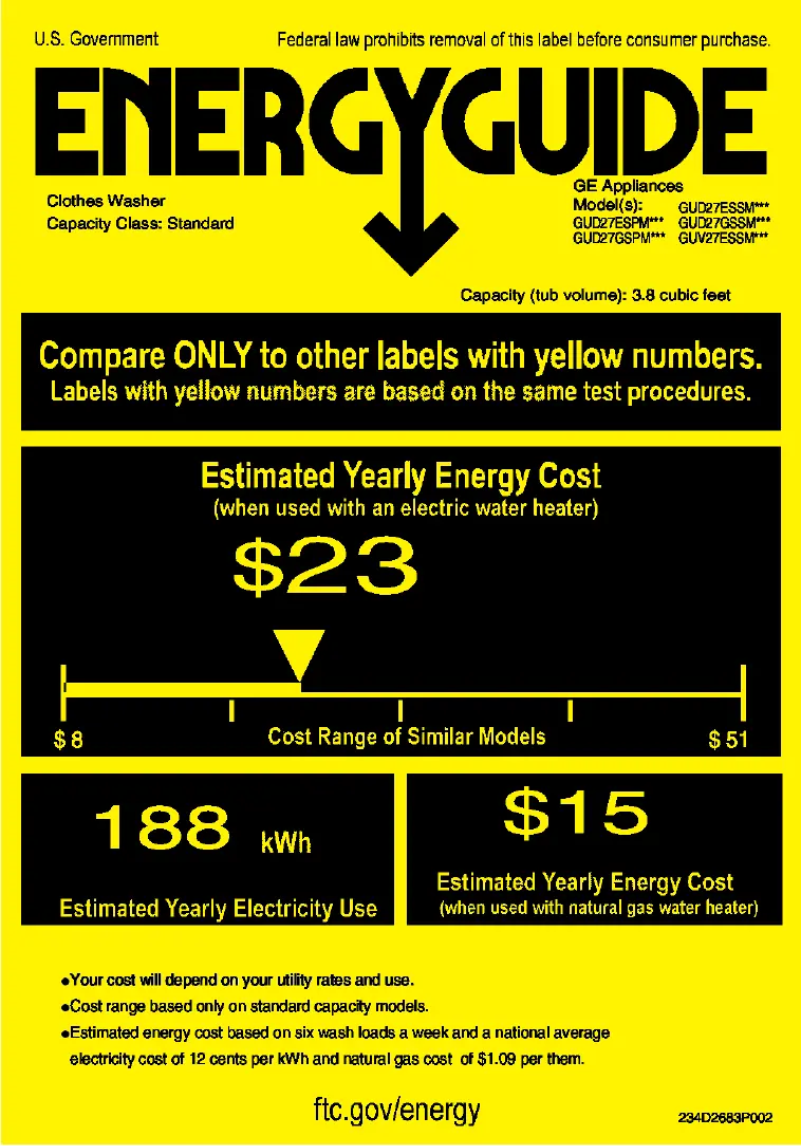 Page 1 de la notice Label énergétique GE GUD27GSSMWW