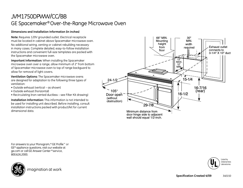 Page n°1 - Fiche technique GE Spacemaker JVM1750DPCC