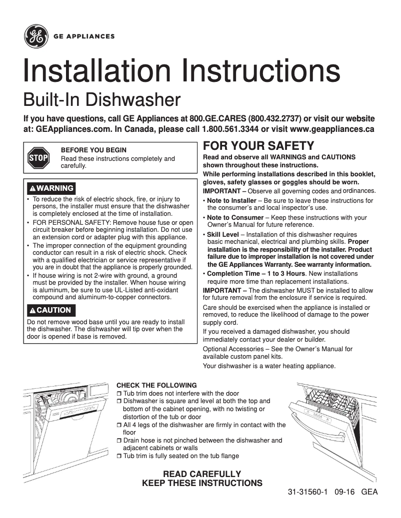 Page 1 de la notice Guide d'installation Adora DDT595SGJWW