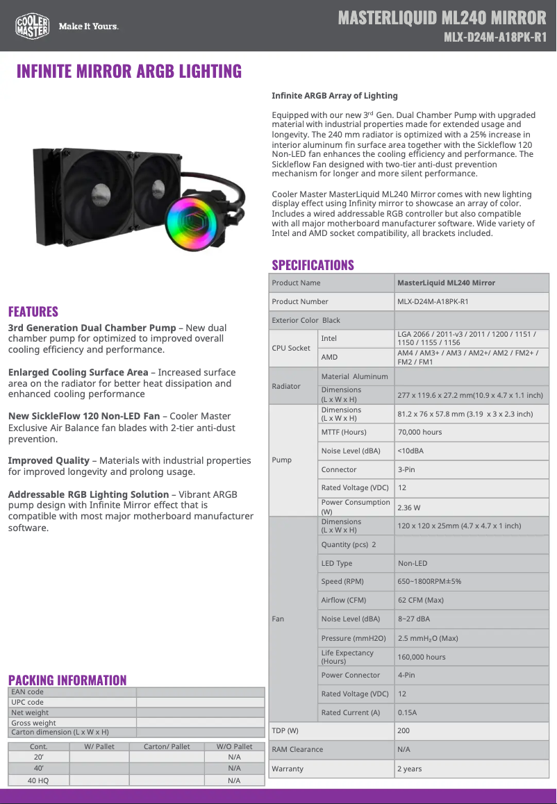 Page n°1 - Manuel utilisateur Cooler Master Masterliquid ML240 Mirror