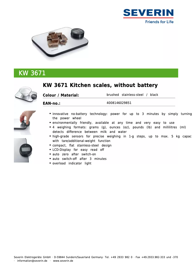 Page 1 de la notice Fiche technique Severin KW 3671