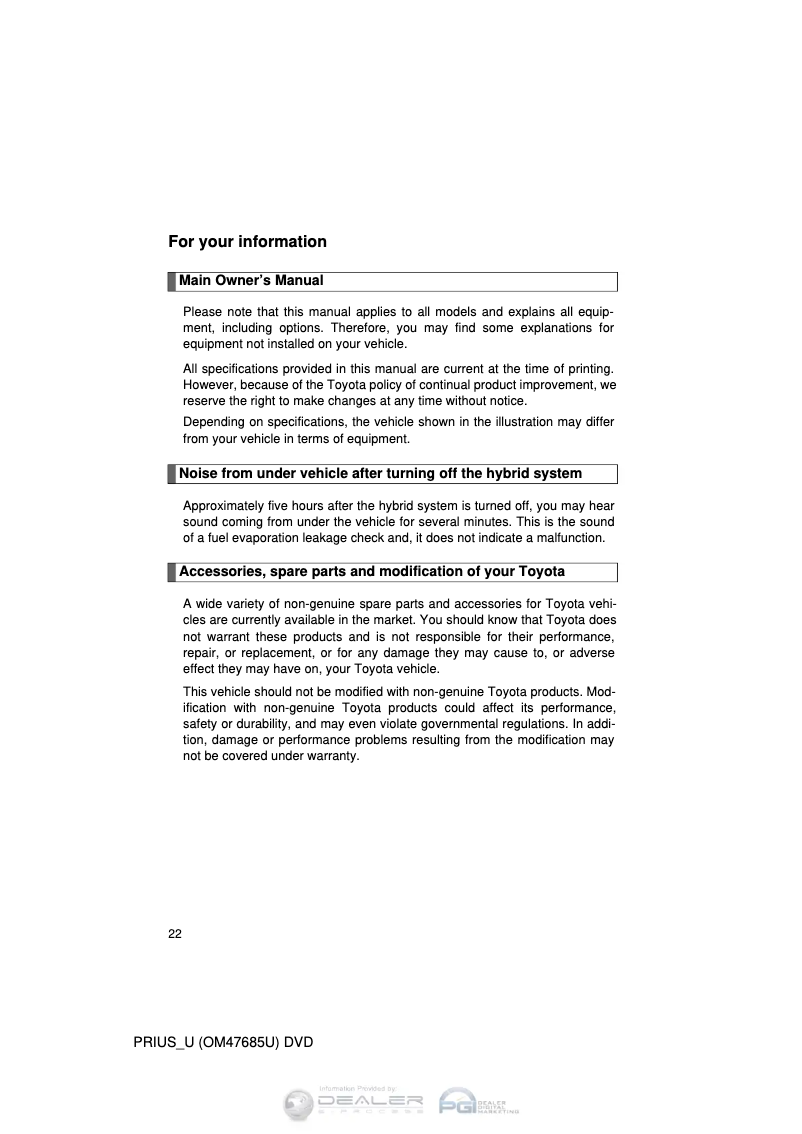 Image de la première page du manuel de l'appareil Prius (2011)