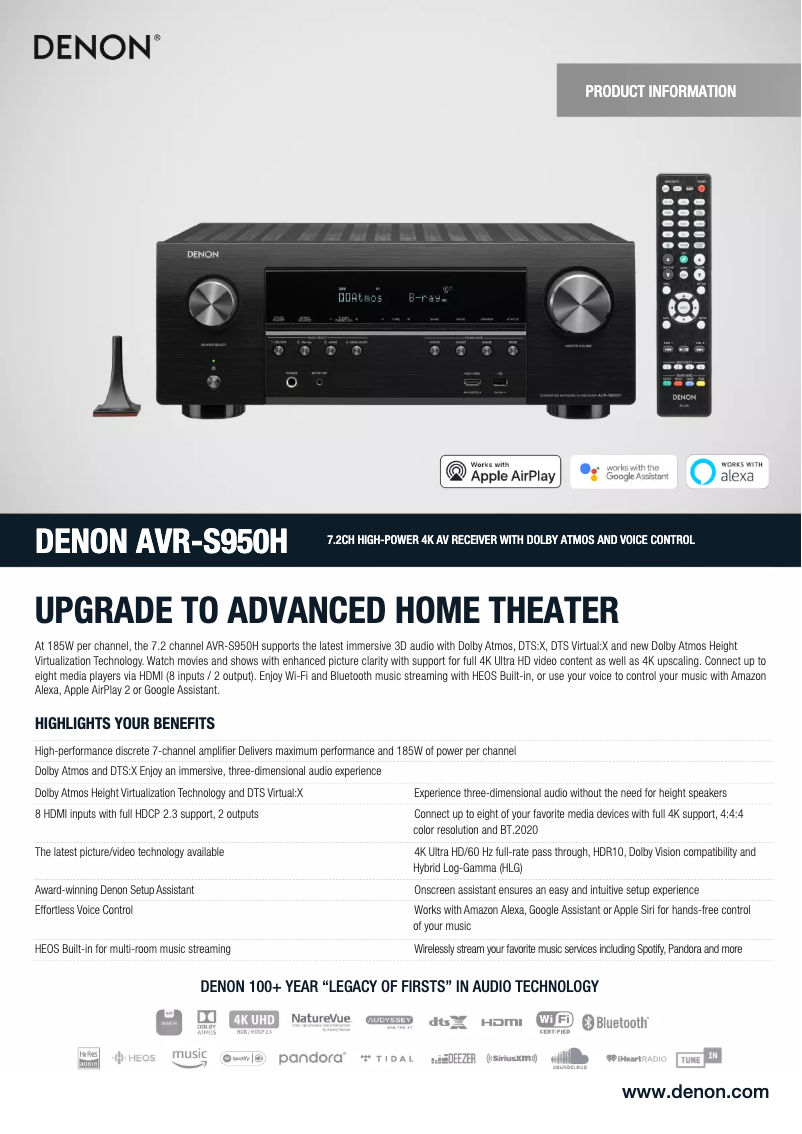Page 1 de la notice Fiche technique Denon AVR-S950H-R