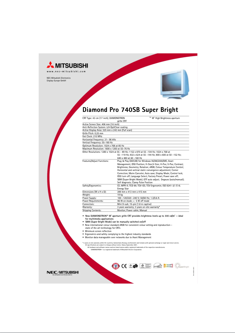 Página 1 del manual Ficha técnica NEC Diamond Pro 740SB