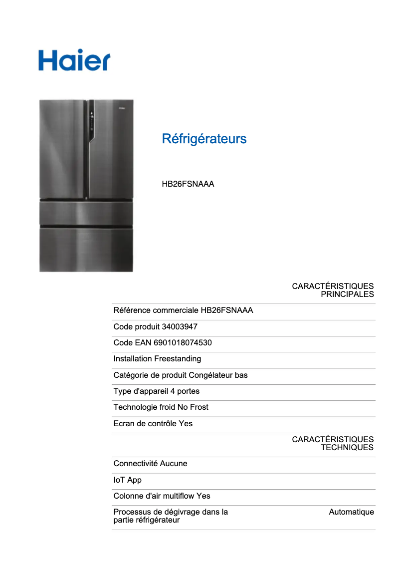 Page n°1 - Fiche technique Haier HB26FSNAAA
