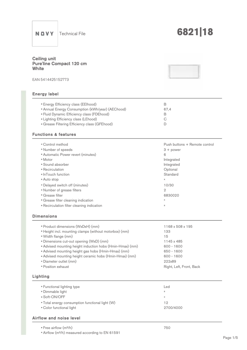 Page 1 de la notice Fiche technique Novy Pure'line Compact 6821