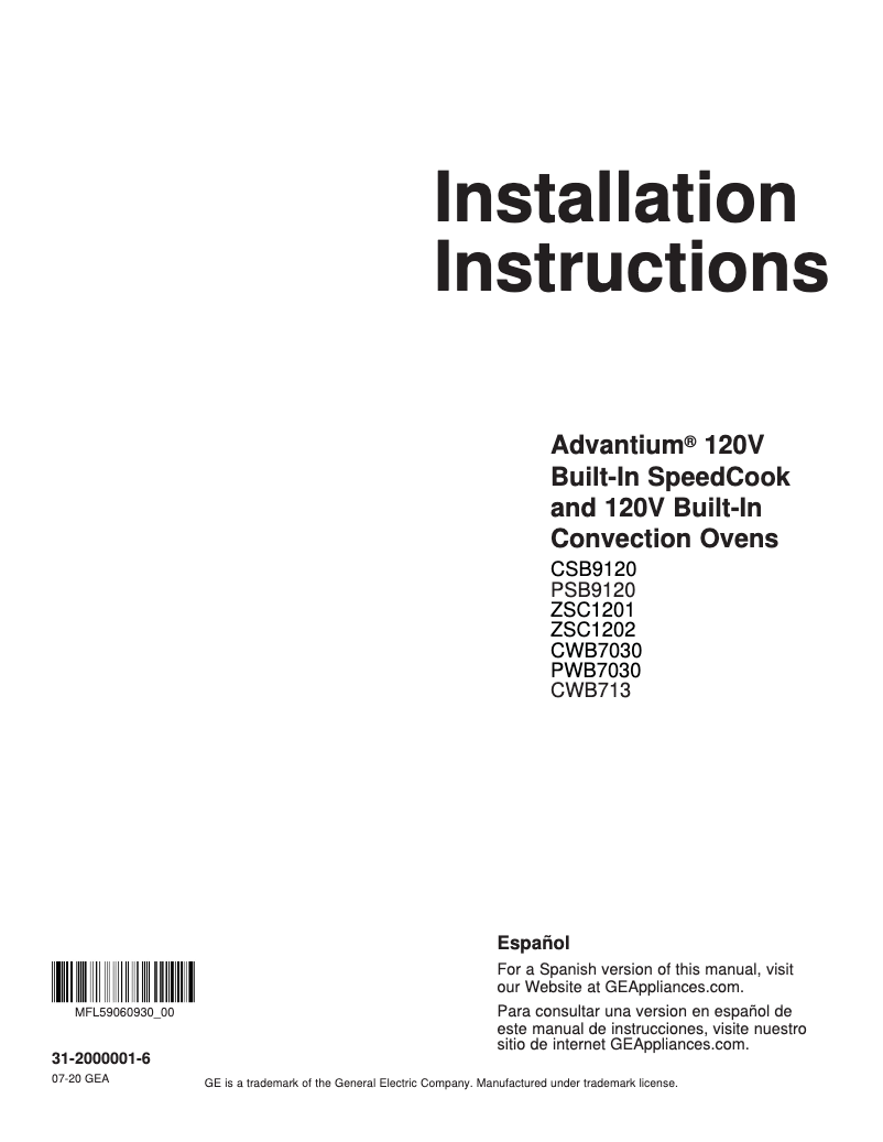 Page n°1 - Guide d'installation GE PWB7030ELES