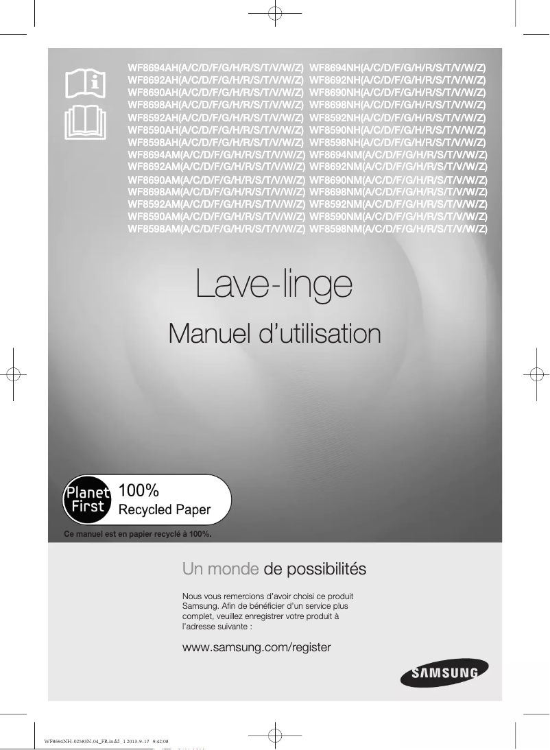 Page 1 de la notice Manuel utilisateur Samsung WF8590NMWU
