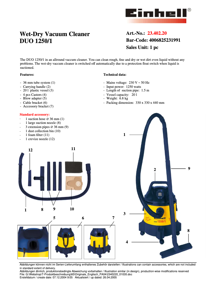 Página 1 del manual Ficha técnica Einhell DUO 1250/1