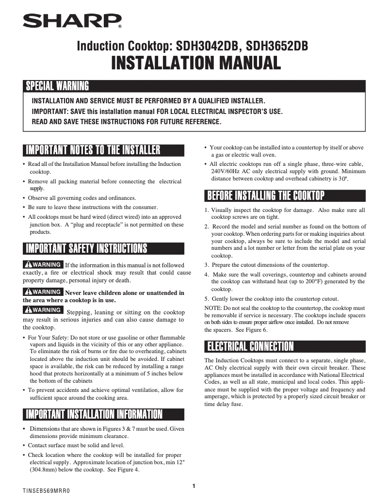 Page n°1 - Guide d'installation Sharp SDH3042DB