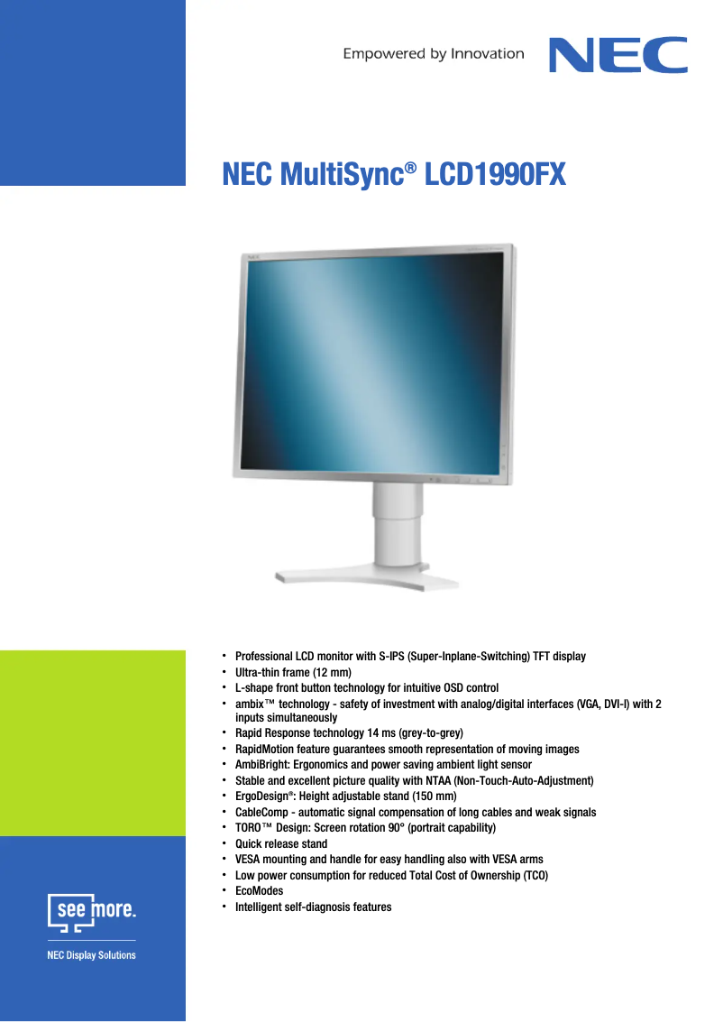 Page 1 de la notice Fiche technique NEC MultiSync LCD1990FX