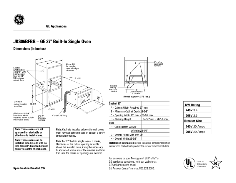 Page 1 de la notice Fiche technique GE JKS06BFBB