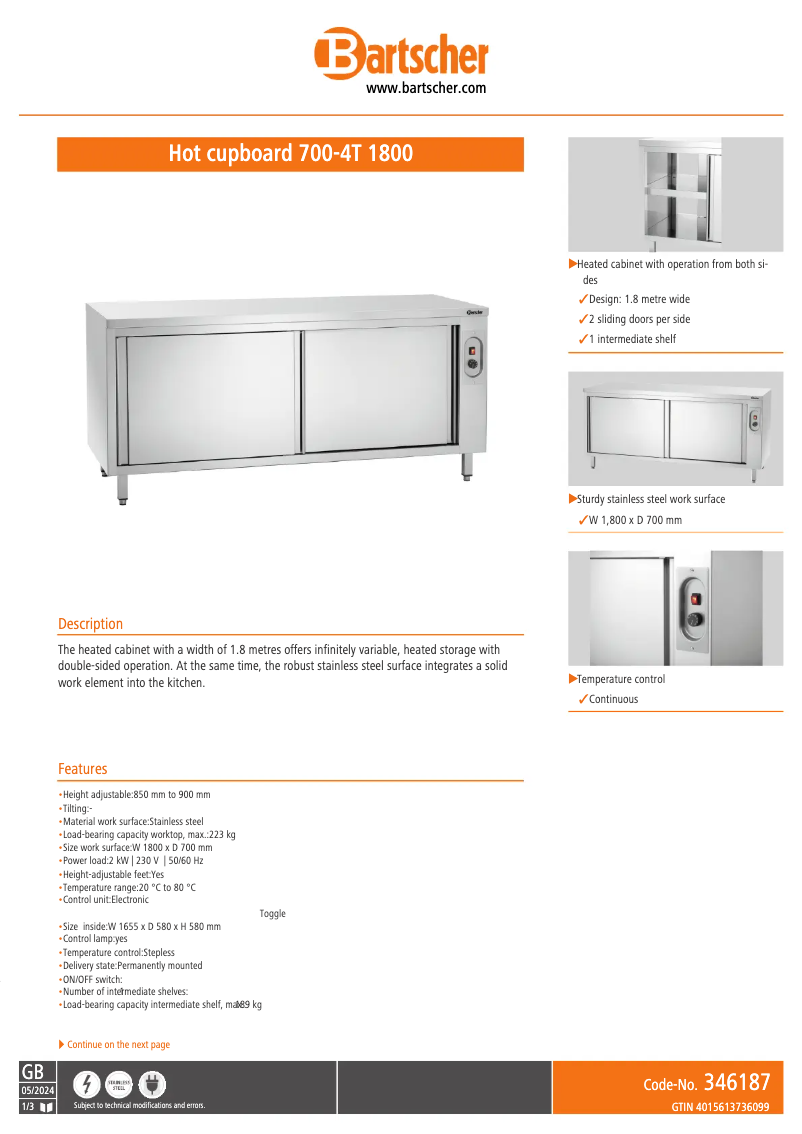 Page n°1 - Fiche technique Bartscher 700-4T 1800