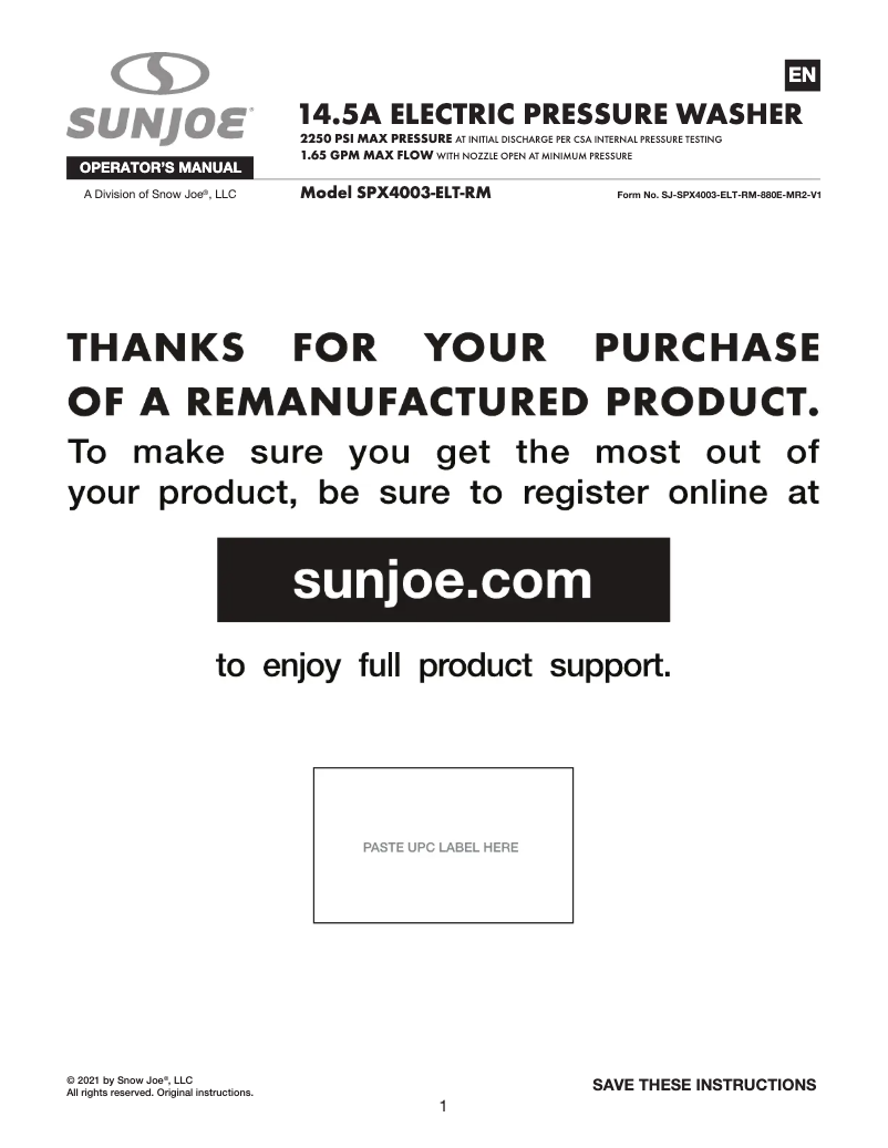 Page n°1 - Manuel utilisateur Sun Joe SPX4003-ELT-RM