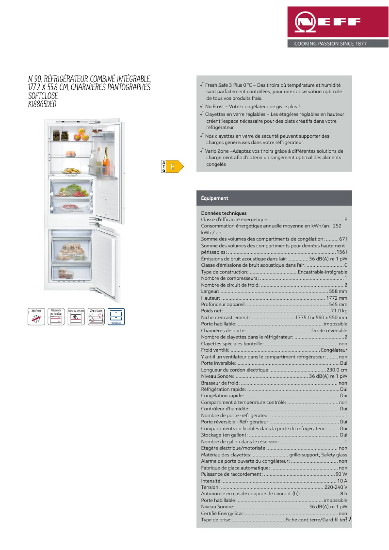 Page 1 de la notice Fiche technique Neff KI8865DE0
