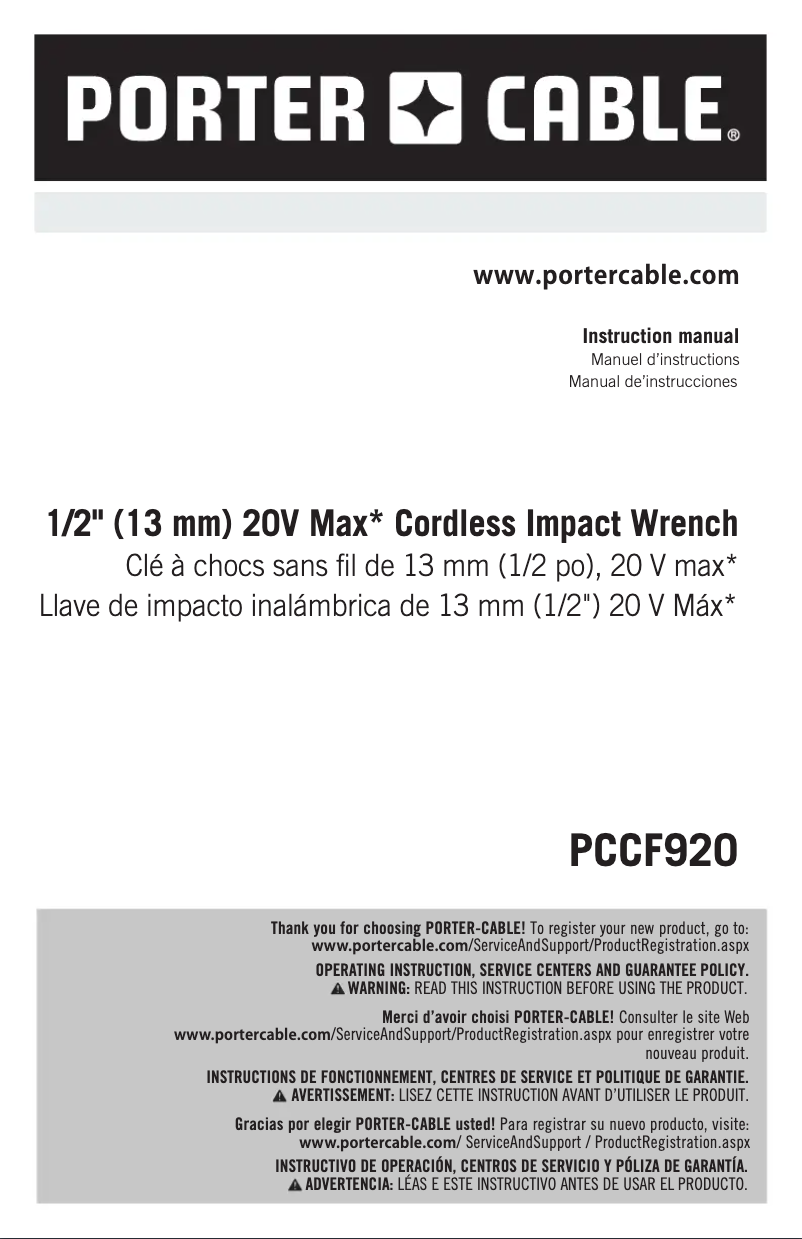 Page n°1 - Manuel utilisateur Porter-Cable PCCF920