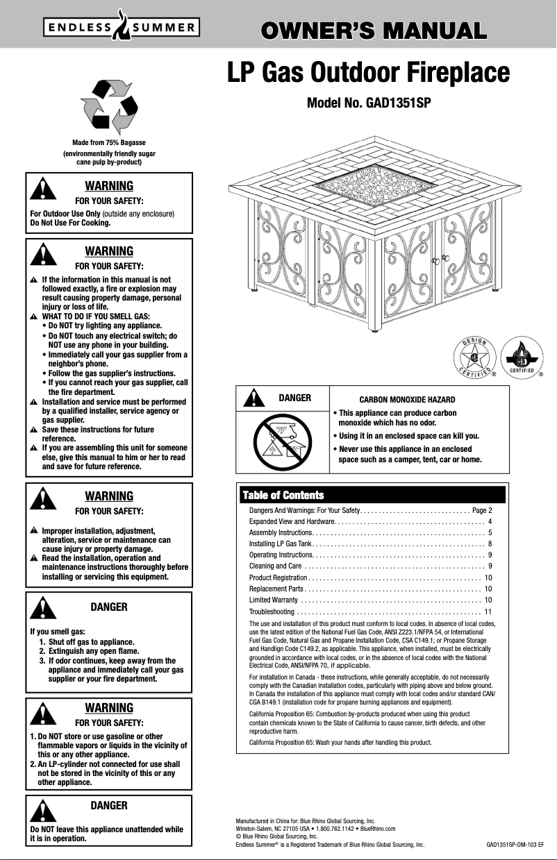 Page 1 de la notice Manuel utilisateur Blue Rhino GAD1351SP