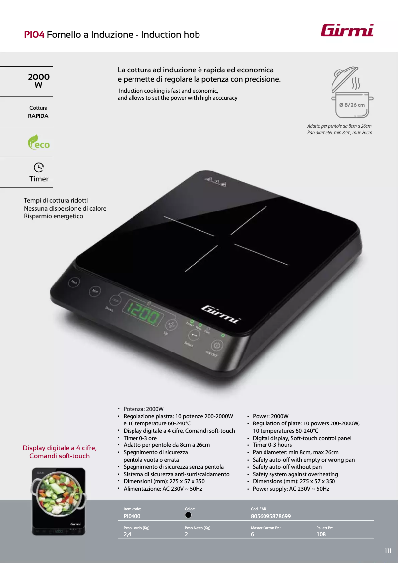 Page 1 de la notice Fiche technique Girmi PI04
