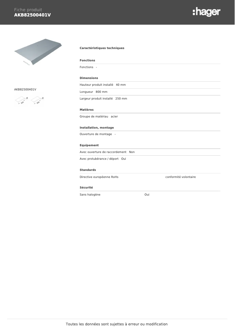 Page n°1 - Manuel utilisateur Hager AKB82500401V