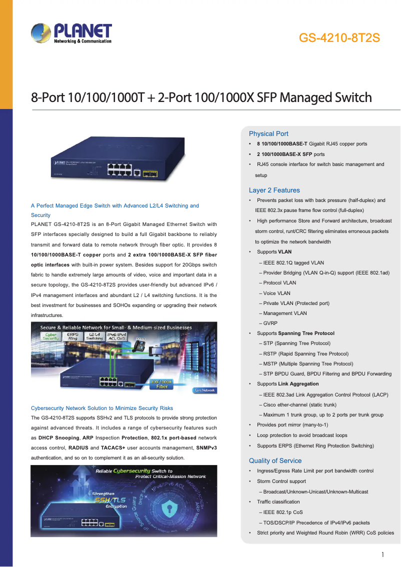 Page n°1 - Fiche technique Planet GS-4210-8T2S