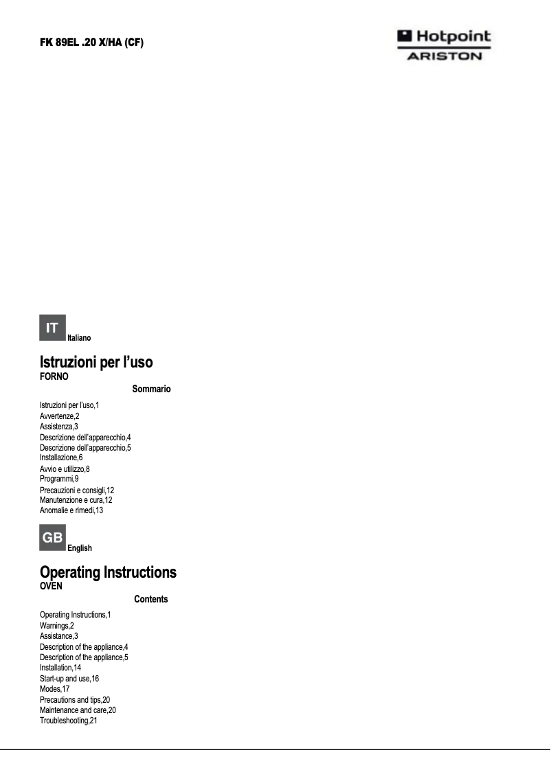 Page n°1 - Manuel utilisateur Hotpoint Ariston FK89EL .20 X/HA (CF)