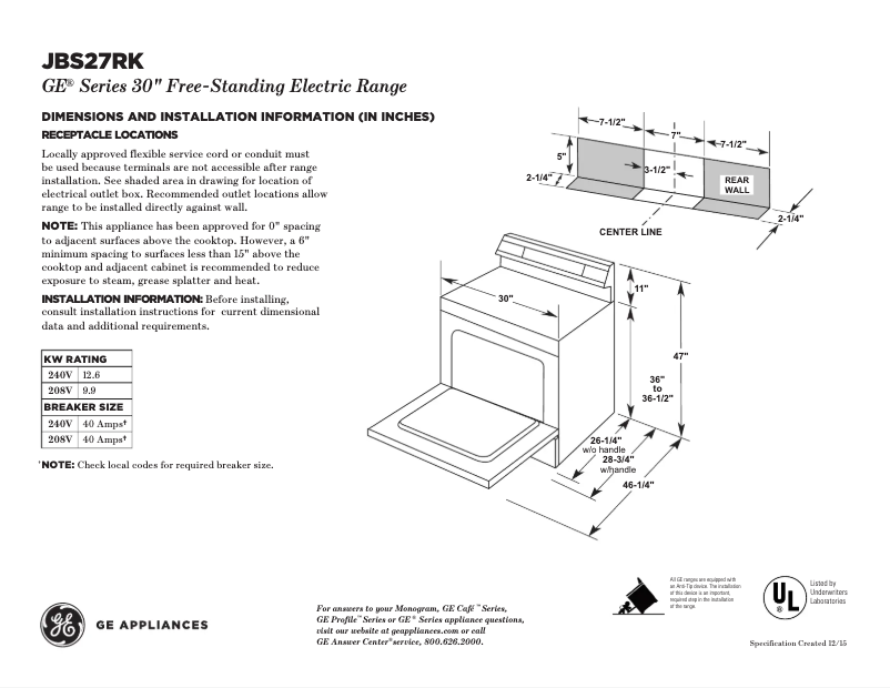 Page 1 of the manual Technical Sheet GE JBS27RKSS