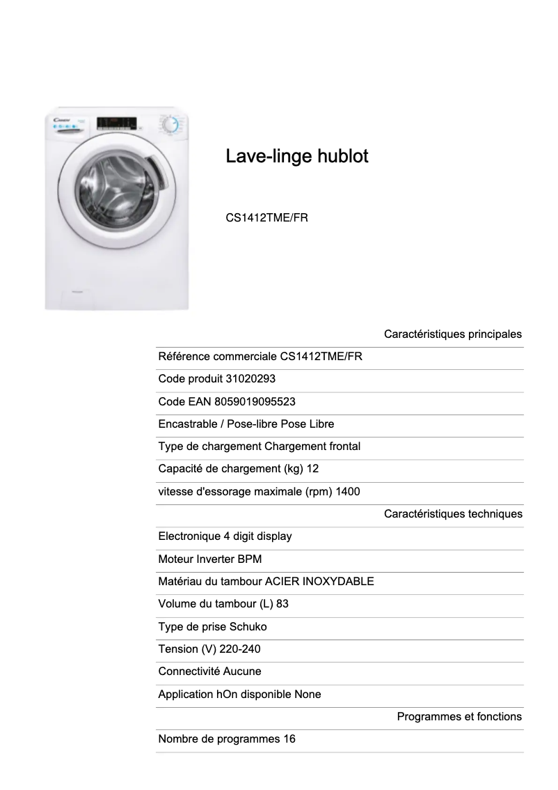 Page 1 de la notice Fiche technique Candy CS1412TME/FR