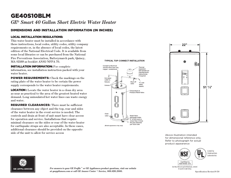 Page 1 de la notice Fiche technique GE GE40S10BLM