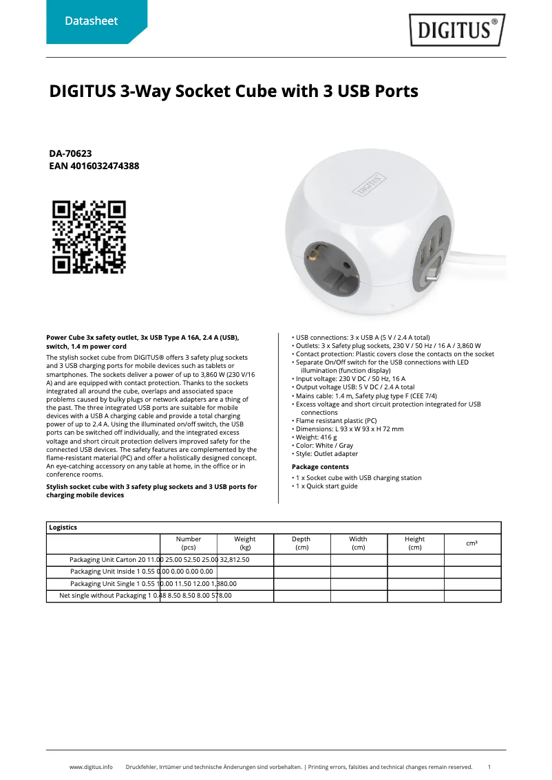 Page 1 de la notice Fiche technique Digitus DA-70623