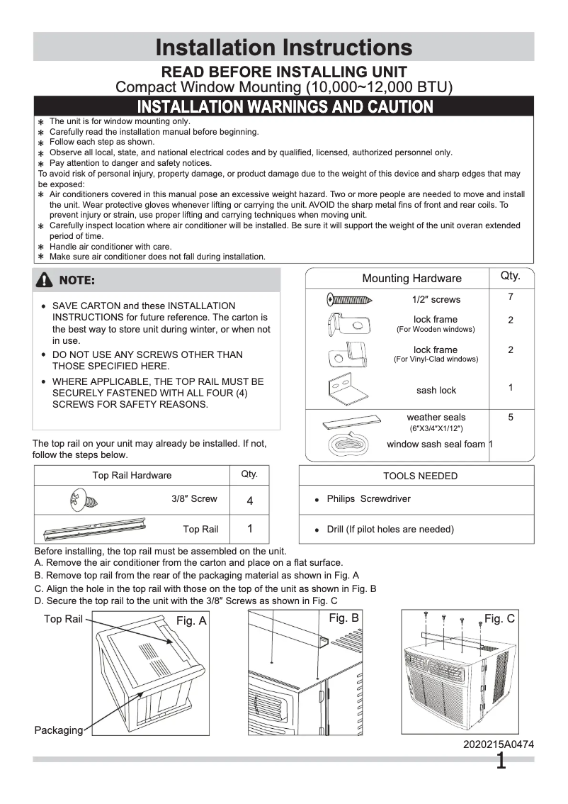 Page n°1 - Guide d'installation Frigidaire FRA102CW1