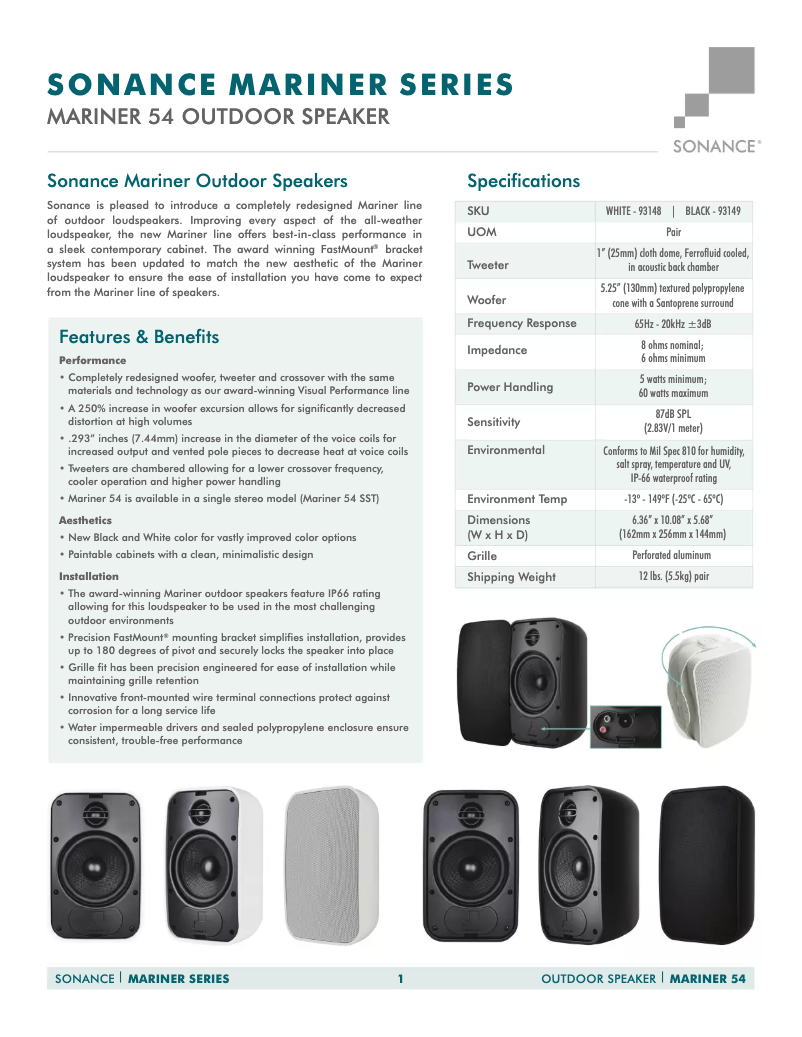 Page 1 de la notice Fiche technique Sonance Mariner 54