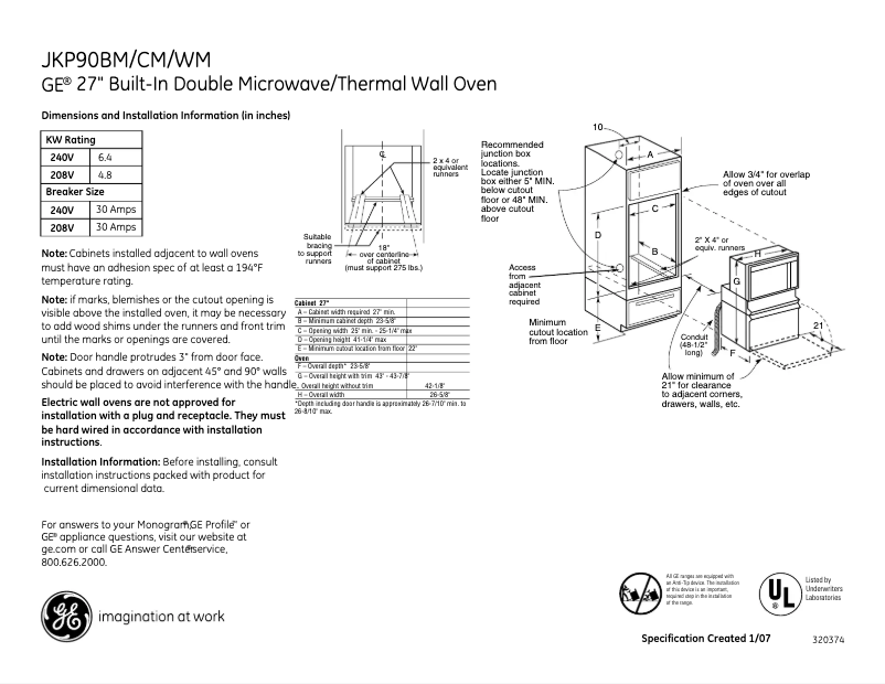 Page n°1 - Fiche technique GE JKP90BMBB