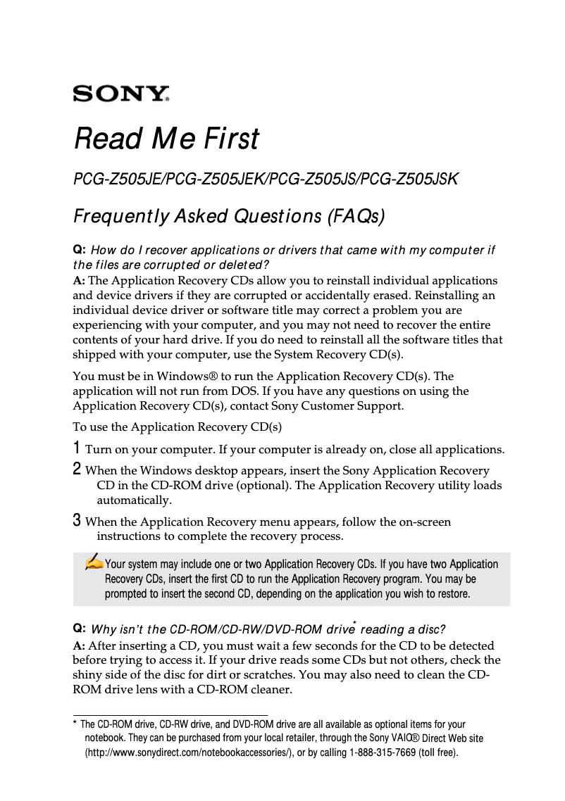 Page 1 de la notice Guide d'installation Sony Vaio PCG-Z505JE