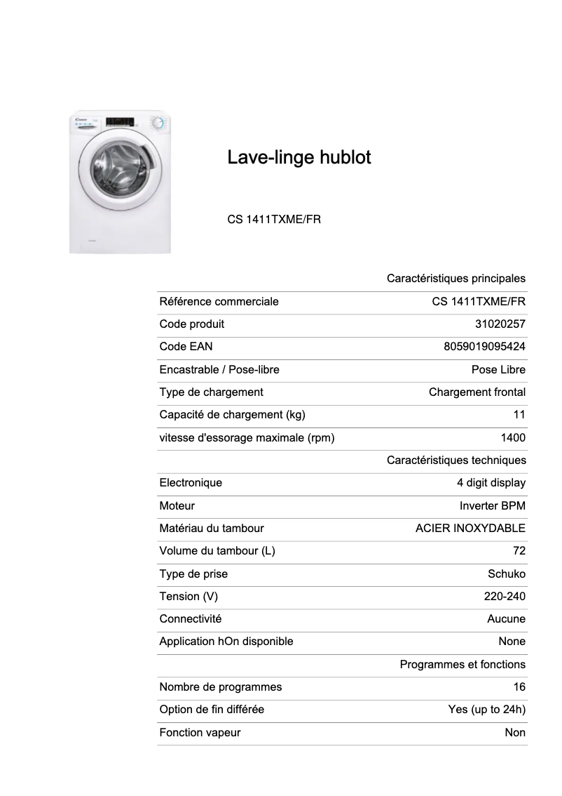 Page 1 de la notice Fiche technique Candy CS 1411TXME/FR