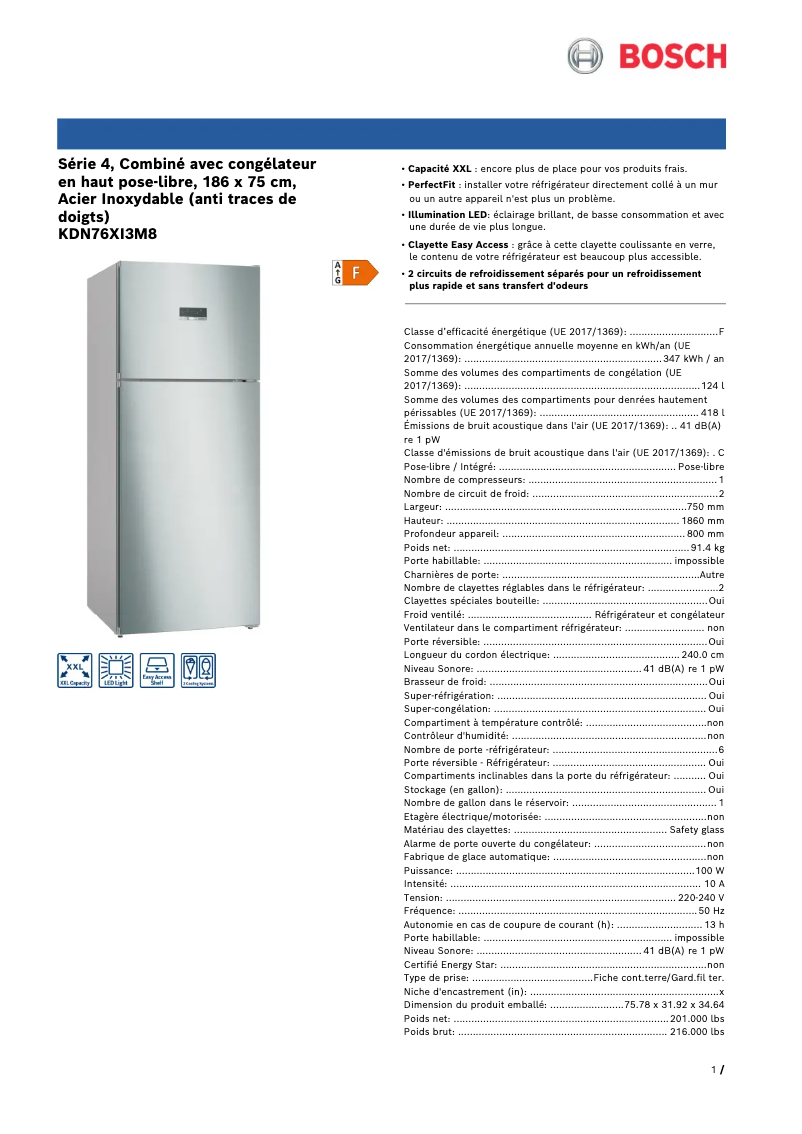 Page n°1 - Fiche technique Bosch KDN76XI3M8