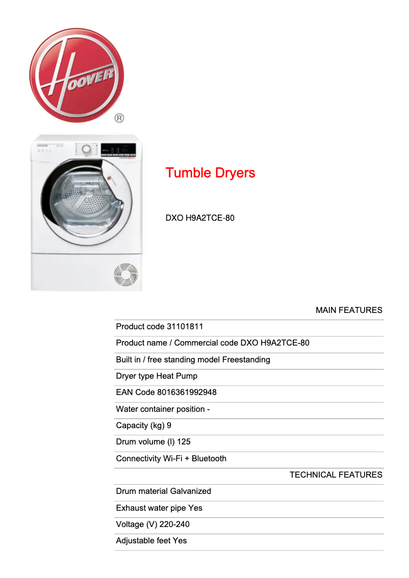 Page n°1 - Fiche technique Hoover DXO H9A2TCE-80
