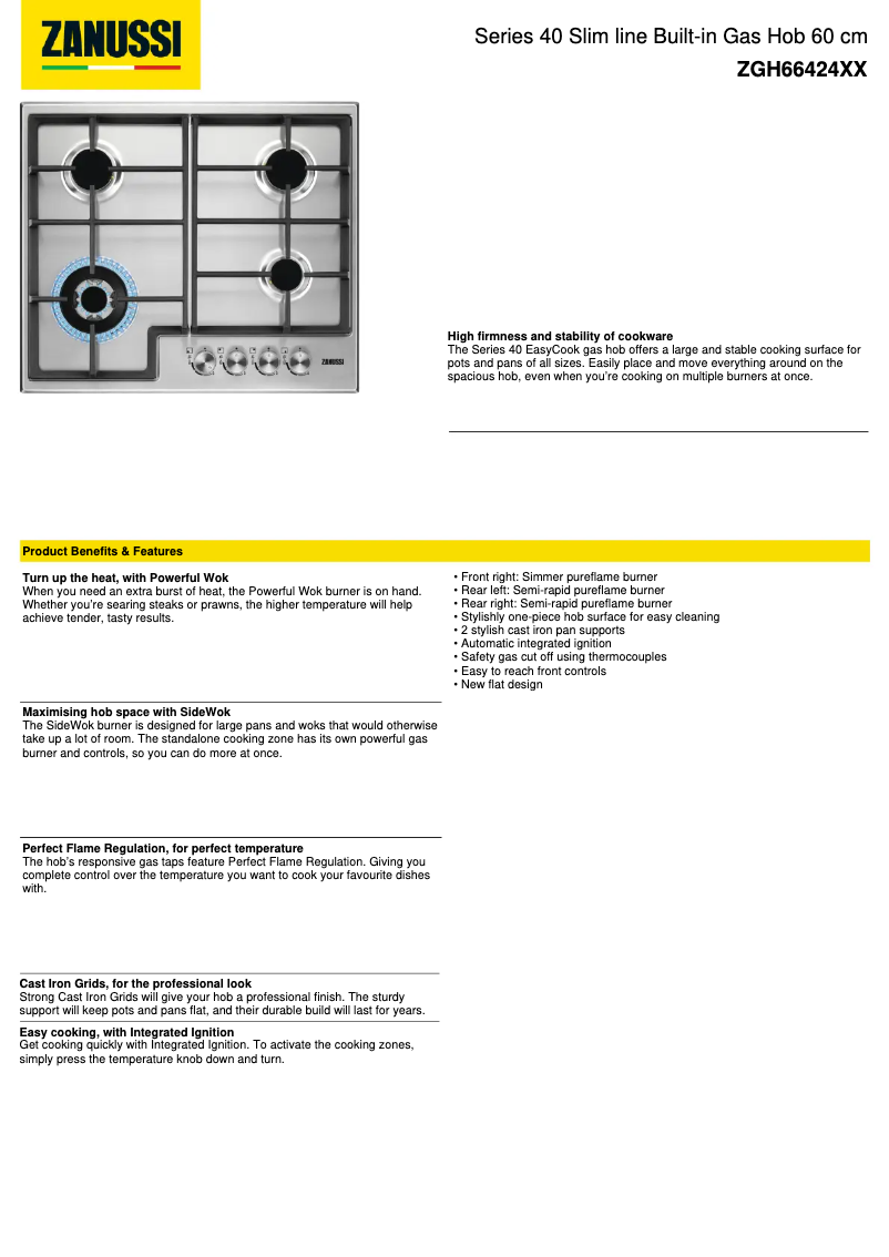 Page 1 de la notice Fiche technique Zanussi ZGH66424XX