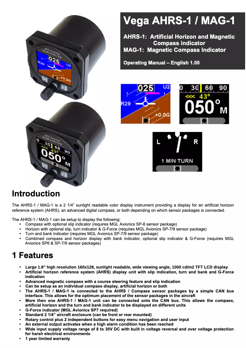 Page 1 de la notice Manuel utilisateur MGL Avionics AHRS-1