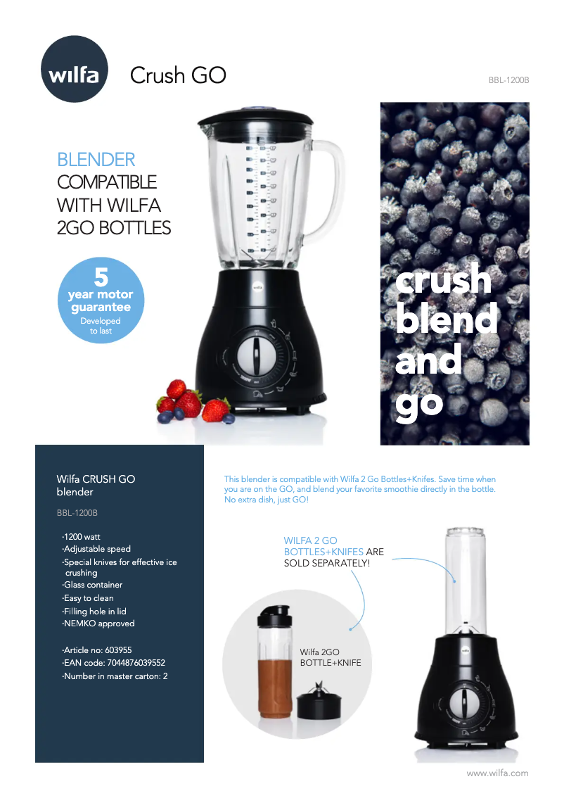 Page n°1 - Fiche technique Wilfa Crush GO BBL-1200W