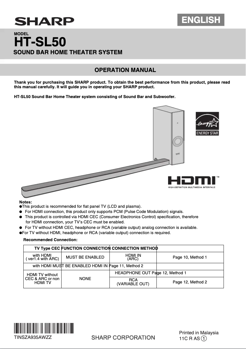 Page 1 de la notice Manuel utilisateur Sharp HT-SL50