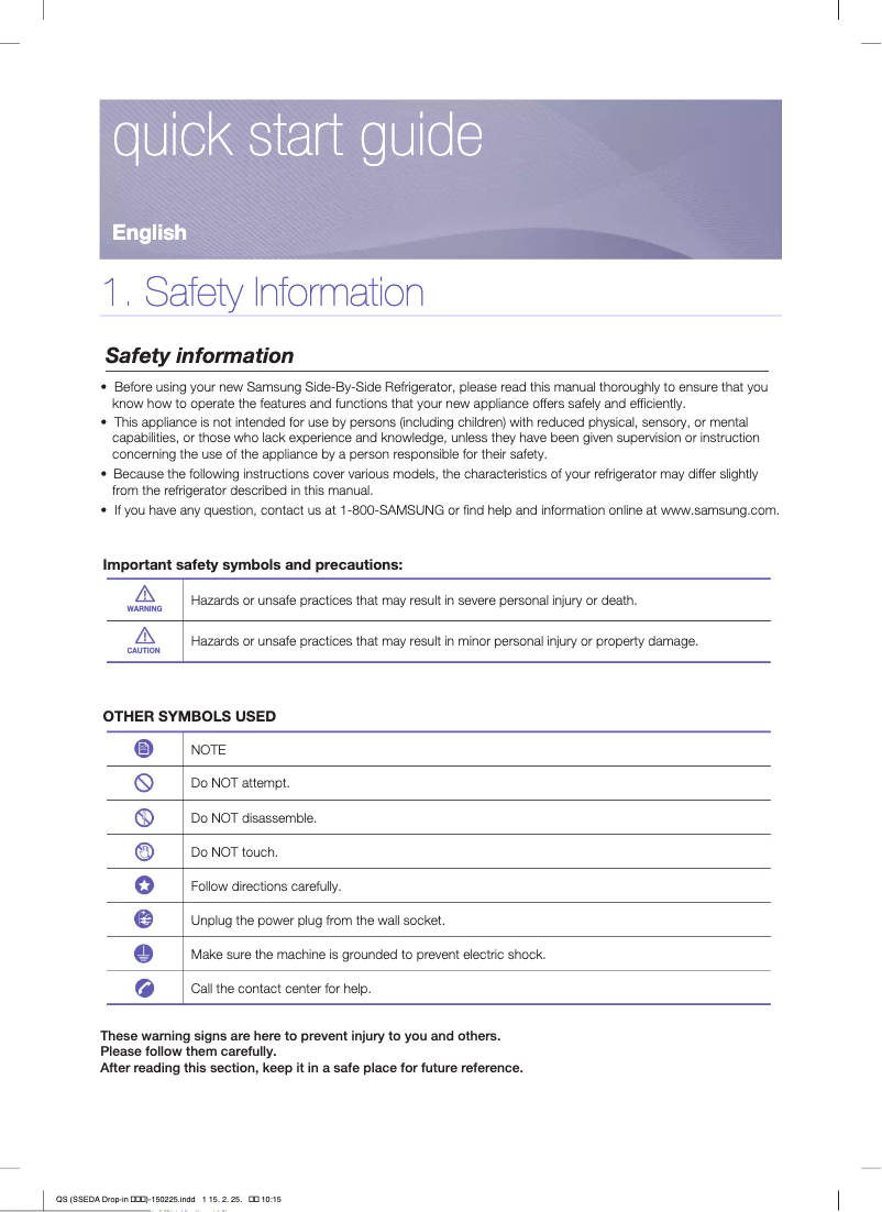 Page 1 de la notice Guide d'installation Samsung RS25J5008SP