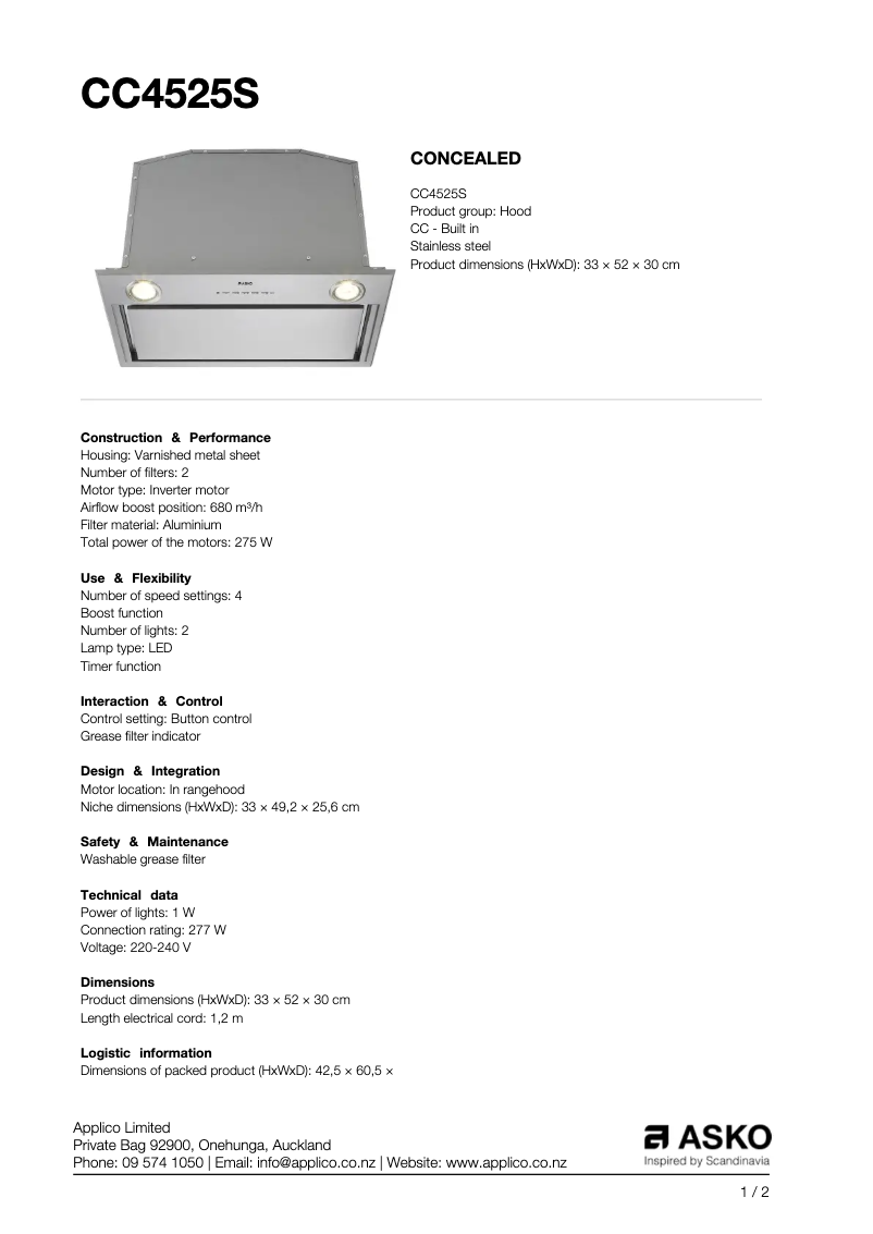 Page n°1 - Fiche technique Asko CC4525S